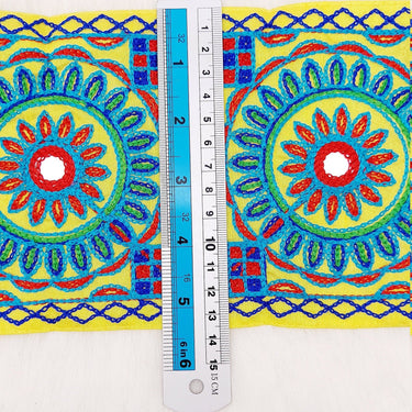 Indian Yellow Fabric Trim, Mirror Floral Kutch Embroidered, Decorative Trim
